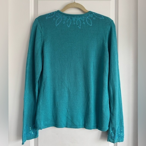 Susan Bristol V-Neck Sweater Split Neck Sequin Knit Turquoise Resort Top Medium - Picture 4 of 9